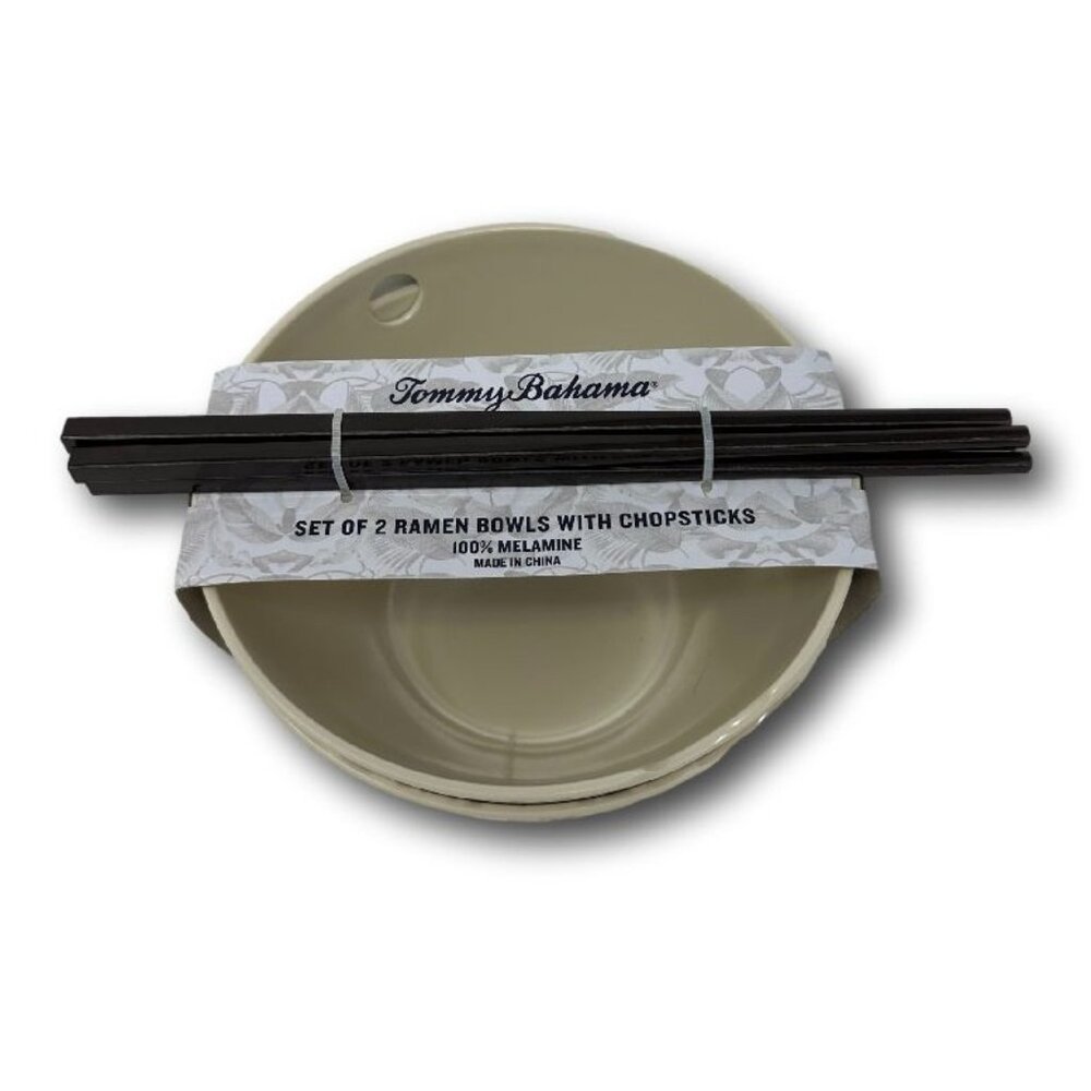 Tommy Bahama Melamine Set of 2 Ramen Bowls with Chopsticks Crackle White Rustic